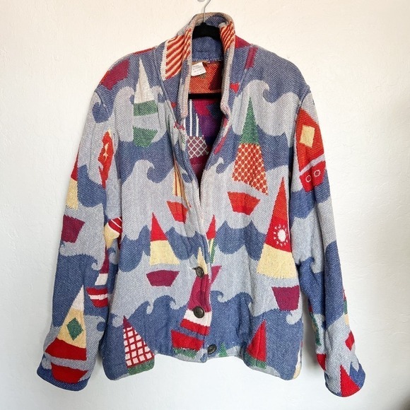 Painted Pony Tapestry Sail Boat Nautical Button Jacket M/L Blue Coastal Cottage - Picture 1 of 6